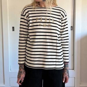Vintage 1990s Paris France Embroidered Striped Boat Neck Top Black White Ribbed